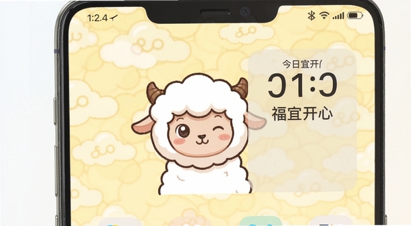 一张手机桌面截图,画面中显示福羊高照的桌面小组件和动态壁纸效果,桌面中央有一只卡通小羊在缓缓眨眼的动态效果示意,旁边是一个显示日期和“今日宜开心”文字的透明小组件,背景是浅黄色带有云纹的壁纸,手机状态栏清晰可见,整体风格温馨可爱,色彩明亮,展示出个性化的手机桌面布局,高清画质