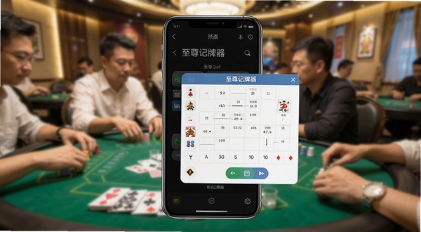 至尊记牌器主界面预览图,画面中央显示手机屏幕,屏幕中呈现记牌器悬浮窗界面,背景为虚化的棋牌室场景,整体色调明亮清晰,突出软件名称至尊记牌器,风格写实,光线柔和