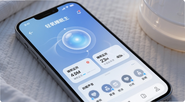 轻氧睡眠主界面展示,手机屏幕显示舒缓的渐变蓝色背景,中央有呼吸光球动画,下方是睡眠监测数据卡片和助眠声音选择列表,整体风格极简现代,柔和光线,UI设计精致,8k分辨率,高清渲染