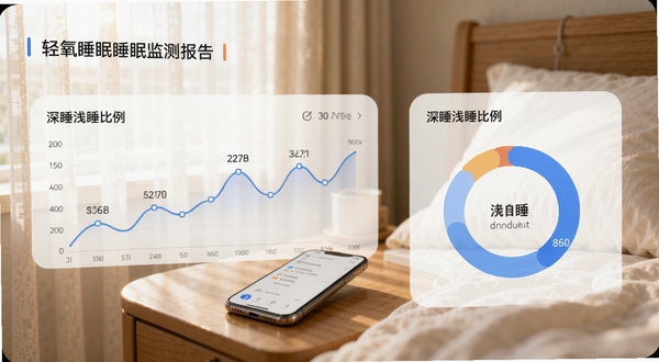 轻氧睡眠睡眠监测报告页面,展示折线图与环形图,标注深睡浅睡比例,背景为温馨卧室场景,手机放置床头柜,晨光透过窗帘,画面清晰自然,产品UI与实景融合