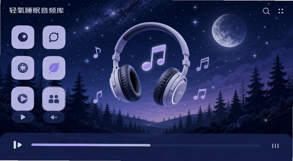 轻氧睡眠音频库界面,耳机与音符元素漂浮,背景是宁静的夜晚星空与森林剪影,图标排列整齐,带有播放进度条,色彩以深蓝和浅紫为主,营造静谧科技感