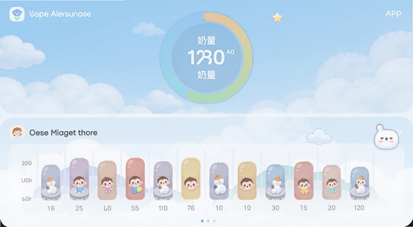 展示纽贝医生APP喂养与睡眠记录界面的图片,画面分为上下两部分,上部显示奶量记录的圆形进度环,下部显示睡眠时间段的长条图,色彩清新,图标可爱,背景带有淡淡的云朵纹理,突出实用与易用性。