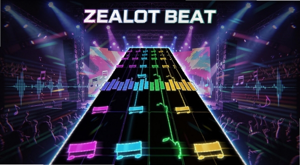 ZEALOT BEAT游戏主界面预览图,画面中央为彩色音符轨道,背景是霓虹灯光与舞台效果,整体风格动感炫酷,展现游戏核心玩法与音乐节奏氛围