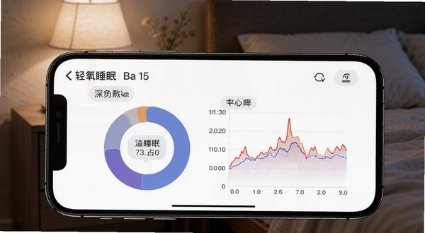 轻氧睡眠睡眠监测数据分析图,画面呈现手机横屏图表界面,包含深浅睡眠占比环形图与心率曲线,背景为模糊处理的床头柜与柔和夜灯,强调数据可视化与专业感,图片风格写实清晰