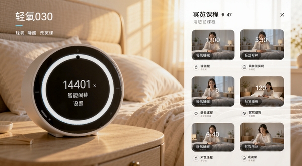 轻氧睡眠智能闹钟与冥想课程界面预览,画面分为左右两部分,左侧展示闹钟设置圆环,右侧展示冥想课程列表缩略图,背景为清晨阳光洒在床上的温暖场景,整体色调明亮柔和,突出舒适唤醒与放松氛围