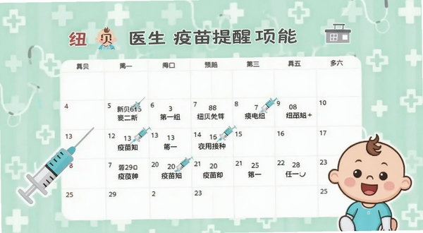 纽贝医生疫苗提醒功能预览,日历界面标注着疫苗接种日期和疫苗名称,旁边有注射器图标和宝宝卡通形象,背景为浅绿色医疗十字图案,风格简洁明快