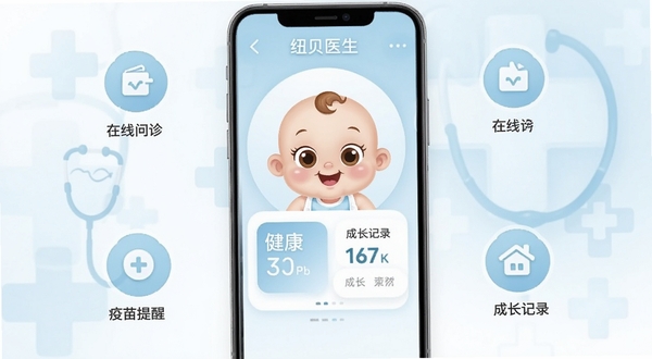 纽贝医生手机应用主界面展示,界面以淡蓝色和白色为主色调,中央显示一个可爱的卡通婴儿头像和健康数据卡片,四周分布着在线问诊、成长记录、疫苗提醒等功能图标,整体风格温馨专业,背景为柔和的渐变医疗十字图案,适配移动端竖屏展示