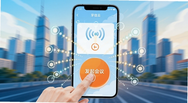 展示牙信云手机端一键发起会议的操作界面,手指点击巨大的橙色“发起会议”按钮,屏幕周围有放射状连接动画,象征快速连接。背景是动态模糊的城市天际线,寓意随时随地高效办公,插画风格,色彩鲜明。