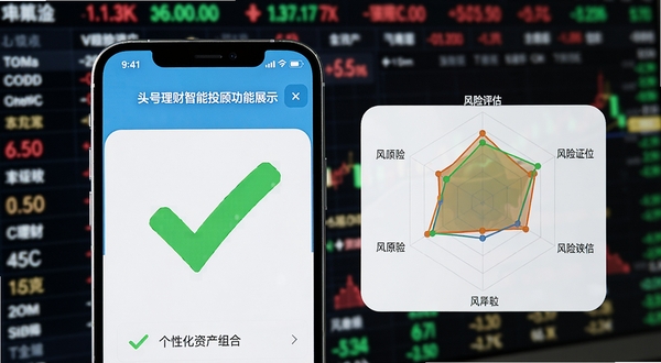 头号理财智能投顾功能展示图,手机屏幕内展示对勾形状的个性化资产组合建议,旁边悬浮着风险评估雷达图,背景为模糊的股票行情滚动大屏,色彩明亮,强调数据驱动的专业感