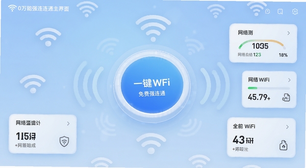 ����WiFi���ǿ��ͨ������Ԥ��ͼ����������Ϊ��Ŀ��Բ��һ�����Ӱ�ť������Ϊ����ɫ���䣬��Χ����WiFi�źŲ���ͼ��������������ݿ�Ƭ�������������ִ���UIϸ�ھ��£�������ͣ��ʺϲ���ģ������