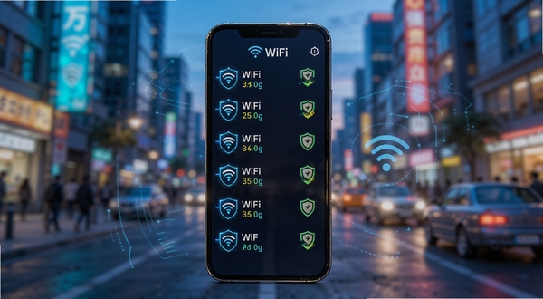 ����WiFi���ǿ��ͨ����ɨ�蹦����ʾͼ���ֻ���Ļ��ʾ�ܱ�WiFi�б���ÿ���ȵ��Ա߱�ע�ź�ǿ���밲ȫ����ͼ�꣬����Ϊ���н־��黯��ɫ���������Ƽ���ʮ�㣬ͻ��������ȫ��������