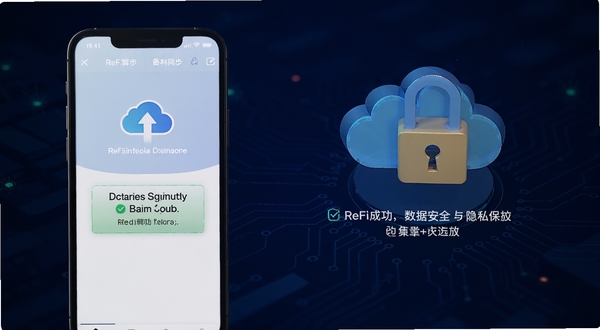 ReFi算账数据安全界面,展示云同步图标和加密锁标志,背景为深蓝科技感,手机屏幕上有备份成功提示,强调数据安全与隐私保护