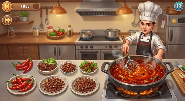 火锅餐厅游戏截图,展示玩家正在厨房中制作火锅底料,画面中有多种辣椒、花椒等香料,以及正在熬制的红油锅底,厨师角色正在操作,背景是整洁的厨房设备,暖色调灯光,细节丰富,游戏UI风格。