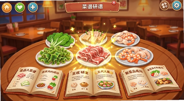 火锅餐厅游戏画面,展示游戏中的菜谱研发界面,桌面上摆放着多种食材如毛肚、肥牛、虾滑等,以及几本打开的菜谱,画面中有闪光特效表示新菜品研发成功,背景为温馨的餐厅一角,色彩鲜艳,游戏UI风格。