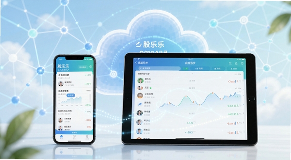 股乐乐云端同步与自选股管理界面,展示手机与平板设备间数据同步的概念,背景为抽象的云朵与网络节点,前景是股乐乐自选股列表界面,强调数据安全与同步便捷性,画面风格清新自然