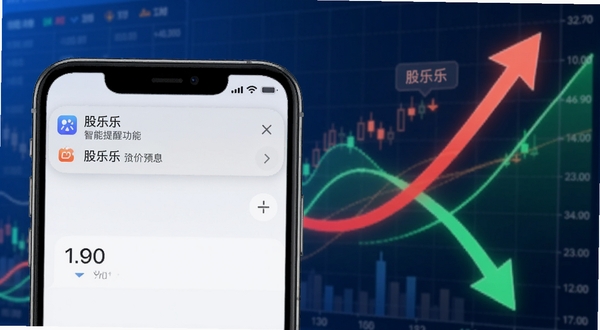 股乐乐智能提醒功能示意图,手机通知栏显示股价预警消息,背景是动态股票行情图表,图表中有明显的红色上涨和绿色下跌曲线,整体色调明亮清晰,突出“股乐乐”软件的操作界面