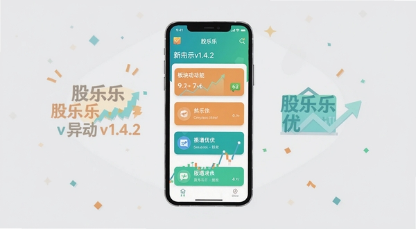 股乐乐v1.4.2版本更新内容宣传图,采用扁平化设计风格,展示新增的板块异动功能界面,背景为浅灰色,中间是手机模型,屏幕上显示股乐乐的最新版本功能列表,整体色调明快,传达更新优化的信息