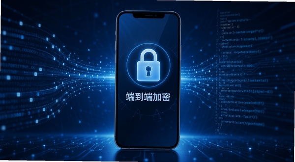 领微隐私加密功能示意图,画面中央为一部智能手机,屏幕上有锁形图标与“端到端加密”字样,背景为数据流与代码元素,科技感强烈,蓝色调为主,突出安全防护主题