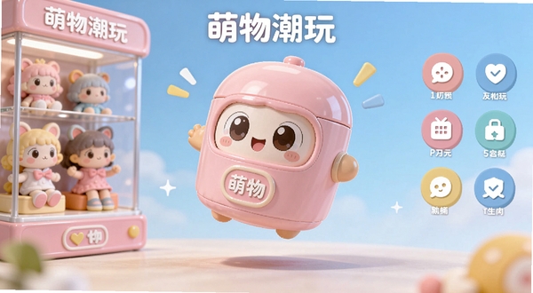 萌物潮玩软件主界面预览图,画面中央展示一个悬浮的粉色系3D盲盒,背景为柔和渐变蓝色,左侧有卡通玩偶陈列柜,右侧展示功能图标,整体风格明亮活泼,突出萌物潮玩品牌标识