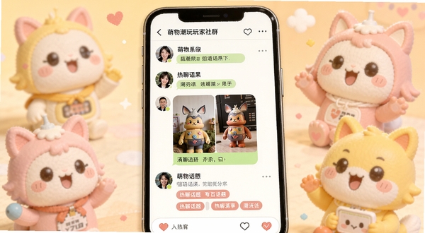 萌物潮玩玩家社群聊天界面概念图,手机界面内展示不同潮玩爱好者的头像和讨论组,包含图片分享和热聊话题标签,背景融入了萌物潮玩吉祥物元素,整体色调温馨活泼