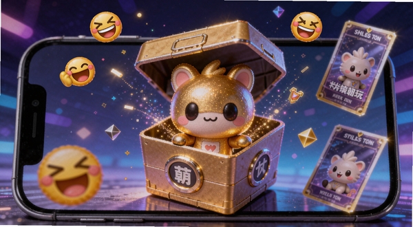 萌物潮玩线上抽取盲盒动画场景,手机屏幕内显示一个金光闪闪的萌物潮玩盲盒正在开启,四周散发粒子特效,周围环绕着欢呼的表情符号和稀有卡片,背景为充满科技感的紫色光效
