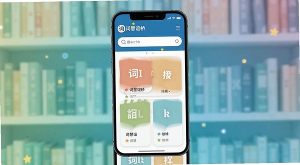 词慧谊桥主界面截图,手机屏幕显示词典搜索框与单词卡片,背景为渐变色书架,光线柔和,整体风格清爽现代,纵向构图,包含词慧谊桥品牌标识