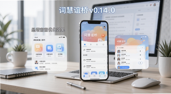 词慧谊桥v0.14.0更新日志视觉图,展示新增桌面小部件与悬浮窗优化效果,背景为现代办公桌,手机屏幕显示词慧谊桥新界面,色彩明亮,包含词慧谊桥更新字样
