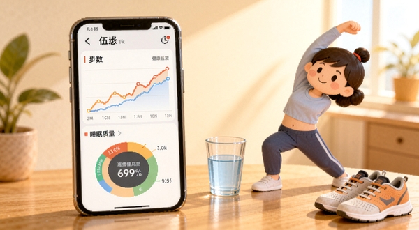 伍健康监测功能示意图,画面展示手机屏幕上的步数曲线与睡眠质量环形图,旁边有卡通人物正在做伸展运动,桌面摆放水杯与运动鞋,整体色调温馨,突出健康生活主题