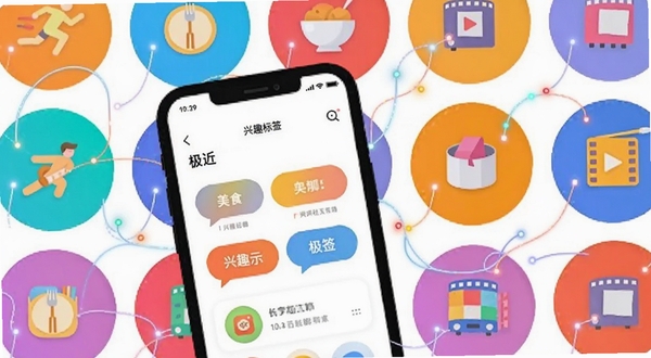 扁平化风格的功能示意图,前景是手机界面展示极近APP的兴趣标签选择页面,背景由多张圆形卡片拼成,卡片上有运动、美食、电影等彩色图标,卡片之间以流畅的线条连接,线条上带有小光点,画面色彩活泼,布局清晰,展现兴趣社交的多元化,包含“极近”软件标识