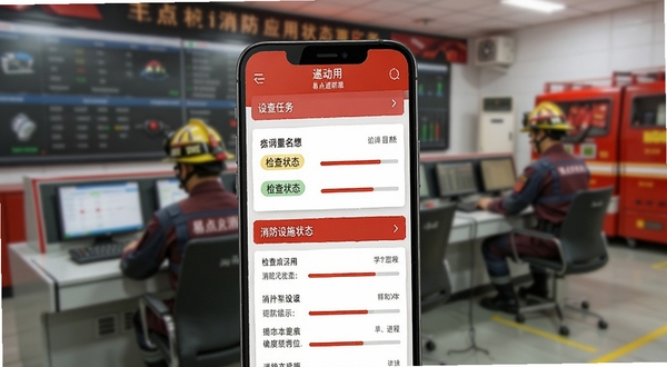 易点消防应用主界面截图,展示首页任务看板与消防设施状态列表,整体采用红色与白色为主色调的扁平化设计风格,背景为模糊的消防控制室场景,前景为手机屏幕特写,屏幕内清晰显示设备名称、检查状态标签与进度条,画面明亮清晰,突出移动巡检功能,符合软件操作工具类图片的写实风格。