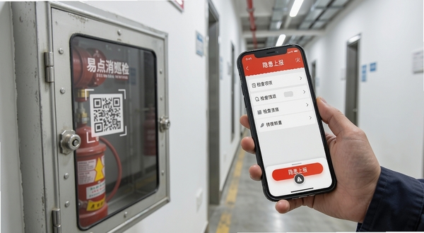 易点消防巡检人员拿着手机对准墙壁上的消火栓进行扫码检查的画面,手机界面显示检查项列表与拍照按钮,背景是清晰的室内走廊与消火栓箱,人物手部动作自然,界面UI元素突出“隐患上报”按钮,图片风格为写实摄影,光线充足,构图强调手机操作与消防设备的关联。