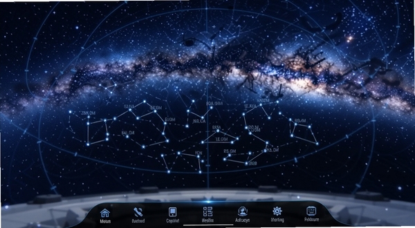 虚拟天文馆主界面,深蓝色夜空背景,银河横跨画面,星星点点,中央显示多个星座连线与名称标注,底部有菜单栏,整体科技感与现代感,画面清晰,适合手机竖屏展示