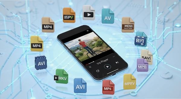 Vis Player���ܽ��빦��չʾͼ��������ɢ���Ŷ�����Ƶ��ʽ���ļ�ͼ�꣬����MP4��MKV��AVI�ȣ���Щͼ��Χ����һ���ֻ���Χ���ֻ���Ļ��ʾVis Player�����������Ÿ�����Ƶ���棬����Ϊǳ��ɫ�Ƽ��й�Ч������Լֱ��