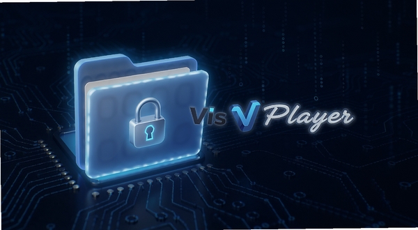 Vis Player��˽�����书��ʾ��ͼ����������һ���������������ļ���ͼ�꣬�ļ���ɢ��΢���Ĺ�â������Ϊ����ɫ�Ƽ����������м�������Vis Player��logo�����崫�ﰲȫ��˽�ܡ��ɿ��ĸо�