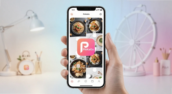 现代感十足的智能手机屏幕中央展示PinKaGo软件界面,界面中显示多张美食照片正在进行自由拼图,背景为柔和渐变色工作室,画面明亮清晰,突出软件图标与拼图功能,整体风格简约时尚,适合应用商店展示。