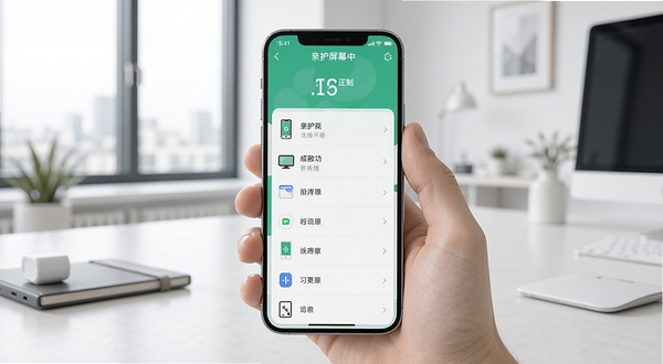 亲护屏幕远程控制工具主界面图,一部智能手机屏幕显示连接成功的设备列表,背景为现代简洁的办公室桌面,画面干净明亮,突出软件直观的界面设计风格