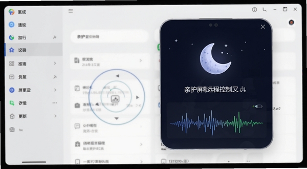 亲护屏幕远程控制工具版本更新功能展示,画面中包含夜间模式月亮图标与音频波形图,背景为系统设置界面风格,色彩简洁科技感强