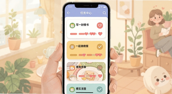 情侣日记应用的任务中心界面,展示多个任务卡片,如“一起做晚餐”、“写一封情书”,卡片上有打卡按钮与爱心进度条,整体色调明快,扁平化插画风格,主体为屏幕中央的任务列表,适配Boogu模型生成