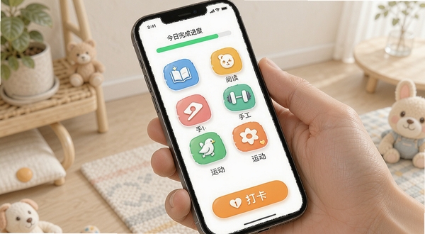 手机屏幕展示安淇尔爸爸的亲子任务列表,图标色彩丰富,包含阅读、手工、运动等类别,顶部显示今日完成进度条,底部有打卡按钮,整体色调明快,UI设计现代,细节丰富