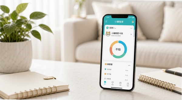 小貔貅管家主界面预览图,画面主体为手机屏幕展示应用首页,包含清晰的任务列表与日程圆环,背景为浅色客厅场景,光线柔和,手机居中偏右,周围有绿植与记事本点缀,整体风格干净明亮,突出生活管理氛围
