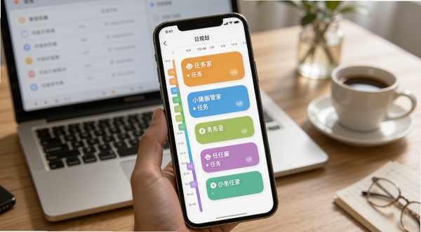 小貔貅管家日程规划界面截图,画面显示手机屏幕上彩色时间轴与任务卡片,背景为办公桌场景,有笔记本电脑和咖啡杯,手机屏幕高亮,时间轴线条清晰,任务卡片呈圆角矩形,色彩区分不同类型,整体氛围专业且不乏温馨感