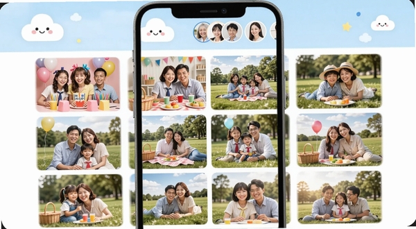 չʾ�Ҹ�һ���׵��ƶ������棬�ֻ���Ļ��������״���еļ�ͥ��Ƭ�����������ɶԡ�����Ұ�͵ȳ��������涥���пɰ����ƶ�ͼ��ͼ�ͥ��Աͷ������������¼�Լ�������������ܰ�С�