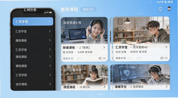 汇贤学堂app主界面预览图,左侧显示课程分类列表,右侧为推荐课程卡片,背景采用浅蓝色渐变,整体风格简洁明亮,突出移动学习场景