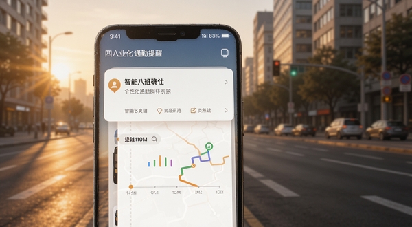 四通八达软件个性化通勤提醒功能界面,手机屏幕显示上下班路况推送卡片,背景为清晨城市街道的光影,带有时间轴与路线示意图,色彩温暖,突出智能提醒与数据可视化,画面风格亲和友好