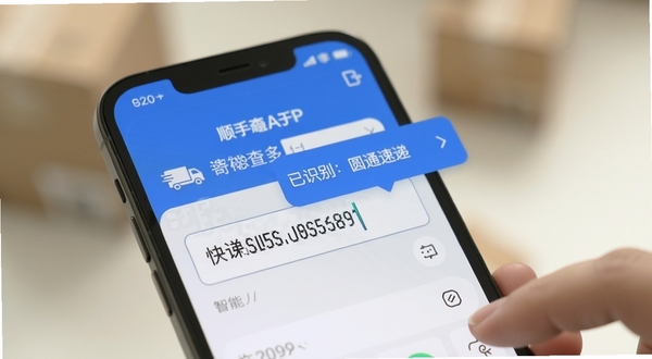 快递寄收顺手查APP的运单识别功能特写,手机屏幕上显示一个输入框,用户正通过复制操作将一串快递单号粘贴进去,应用自动弹出了“已识别:圆通速递”的提示气泡,背景虚化处理,突出智能识别的流畅体验。