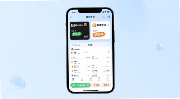 一幅智能手机界面的高清预览图,画面中央是快递寄收顺手查APP的主界面,顶部显示“顺丰速运”与“中通快递”两个包裹卡片,卡片上清晰展示着“已签收”与“运输中”的绿色与橙色状态标签,背景为柔和的浅蓝色渐变,整体风格干净现代,突出物流信息清晰易读的特点。