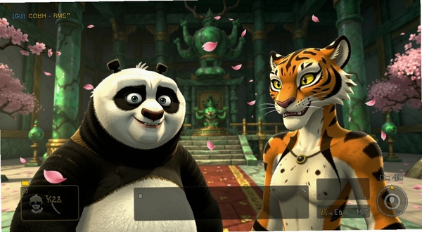 功夫熊猫:神龙大侠剧情模式截图,阿宝与悍娇虎在翡翠宫对话,背景是庄严的宫殿与飘落的桃花瓣,画面柔和,角色表情细腻,UI简洁