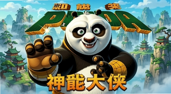 功夫熊猫:神龙大侠游戏主视觉图,画面中央是阿宝摆出龙拳起手式,背景是和平谷的山水与云雾,色彩明亮,卡通渲染风格,角色表情生动,细节丰富,适合作为游戏宣传海报