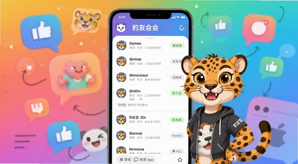 豹友会App主界面展示,画面中央显示群组聊天列表,背景为渐变色社交元素,前景有手机模型,风格现代简洁,突出社交氛围,整体色调明亮活泼,UI设计精致,包含豹子卡通吉祥物,展现豹友会的核心功能和品牌形象