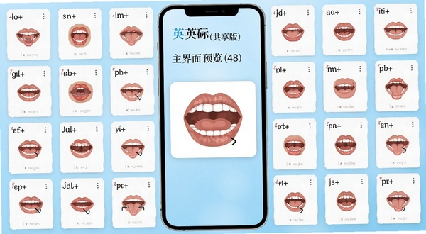 英标实训(共享版)主界面预览图,展示48个音标卡片整齐排列在手机屏幕上,背景为柔和的浅蓝色渐变,中部有一张清晰的口型发音示意图,画面整体简洁明亮,突出教育学习氛围,适配移动端竖版界面设计